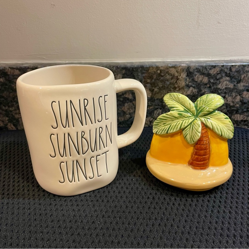 Rae Dunn Sunrise Sunburn Sunset Mugs Cups W Palm Tree Lid Cover – Set of 2 New - Picture 4 of 8
